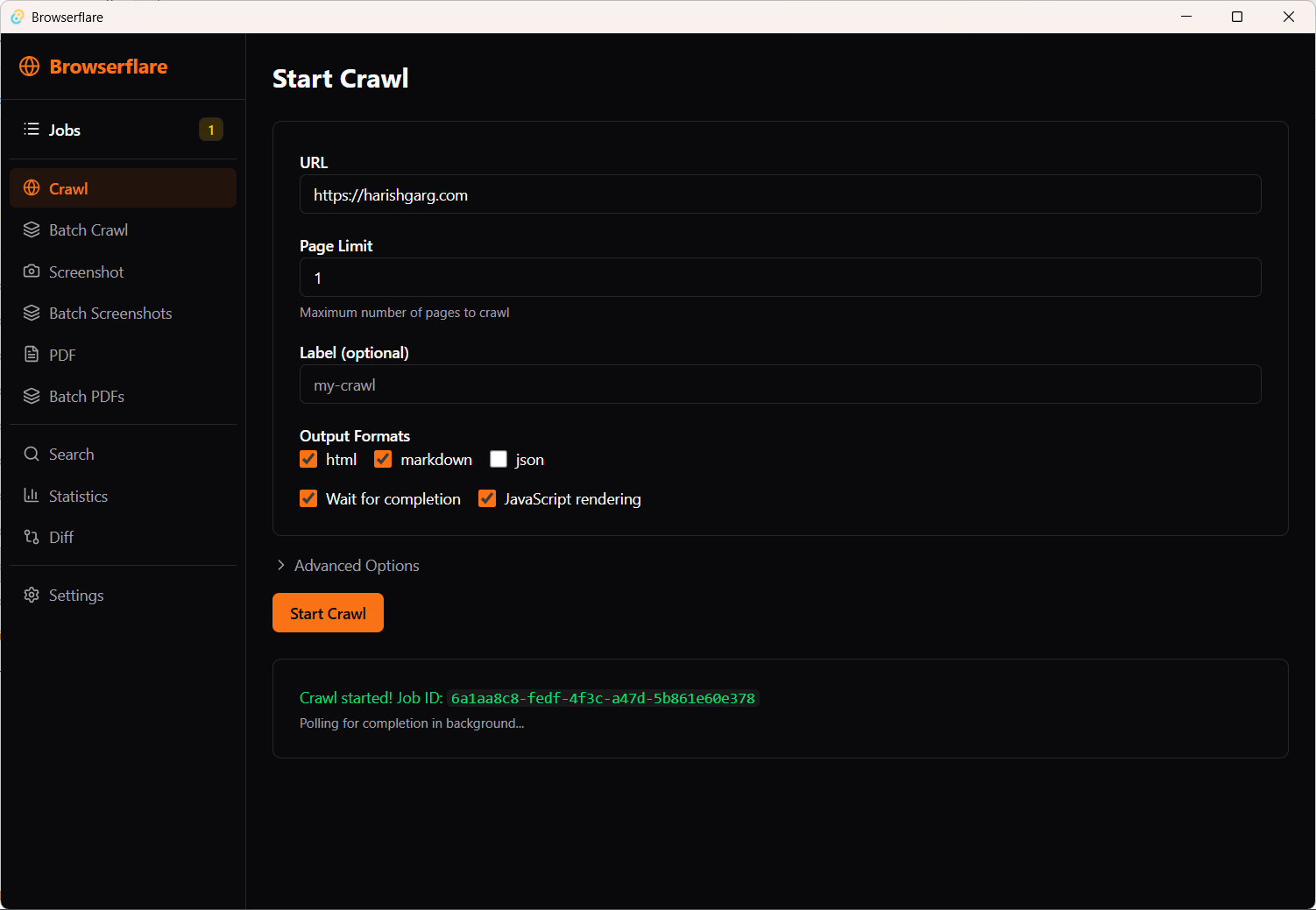 Browserflare Start Crawl interface showing URL input, page limits, output format options, and crawl status