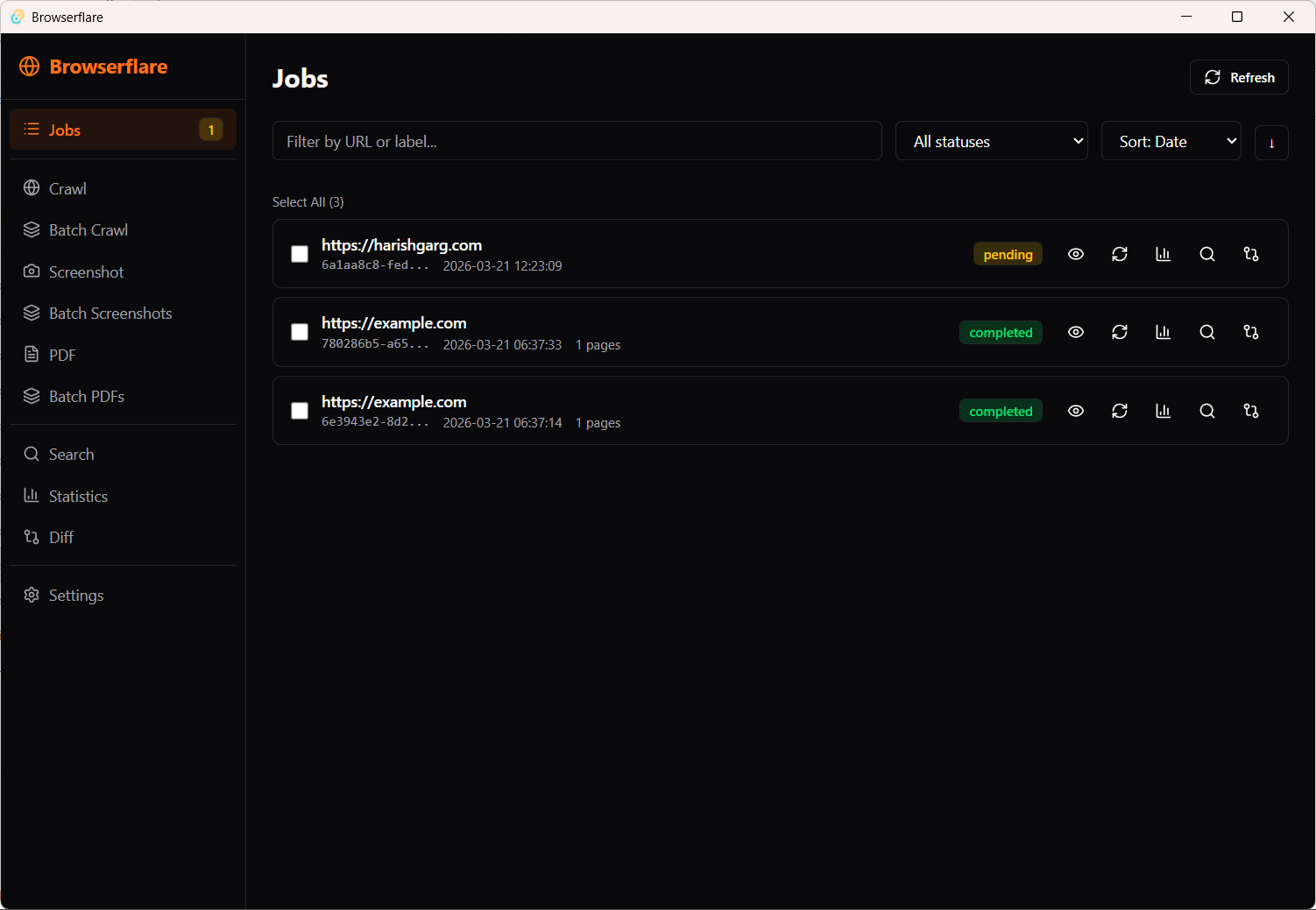 Browserflare Jobs view showing crawl jobs with status badges, filters, and action icons